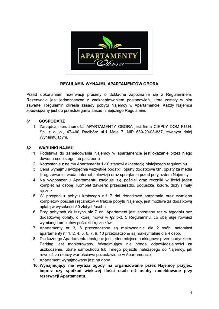 Regulamin Apartamenty Obora 1