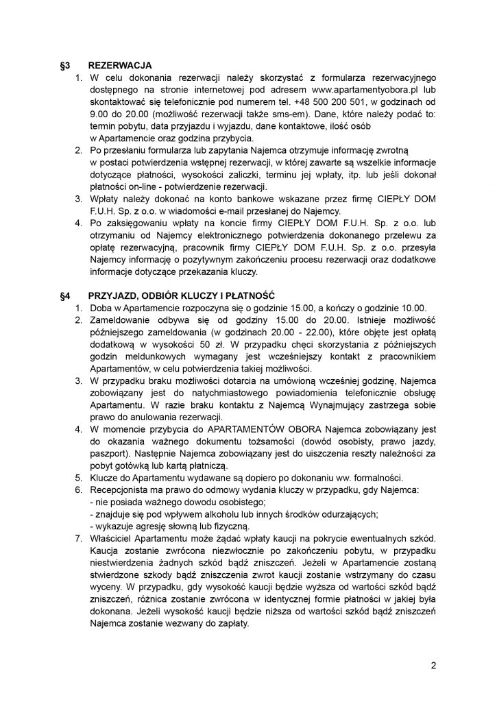 Regulamin Apartamenty Obora 2