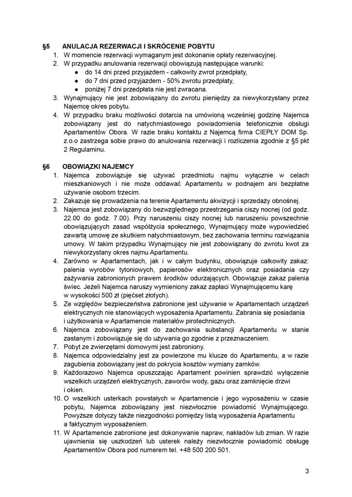 Regulamin Apartamenty Obora 3